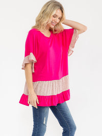 WOMEN'S SHORT SLEEVE CONTRAST ANIMAL PRINT TIERED TUNIC TOP