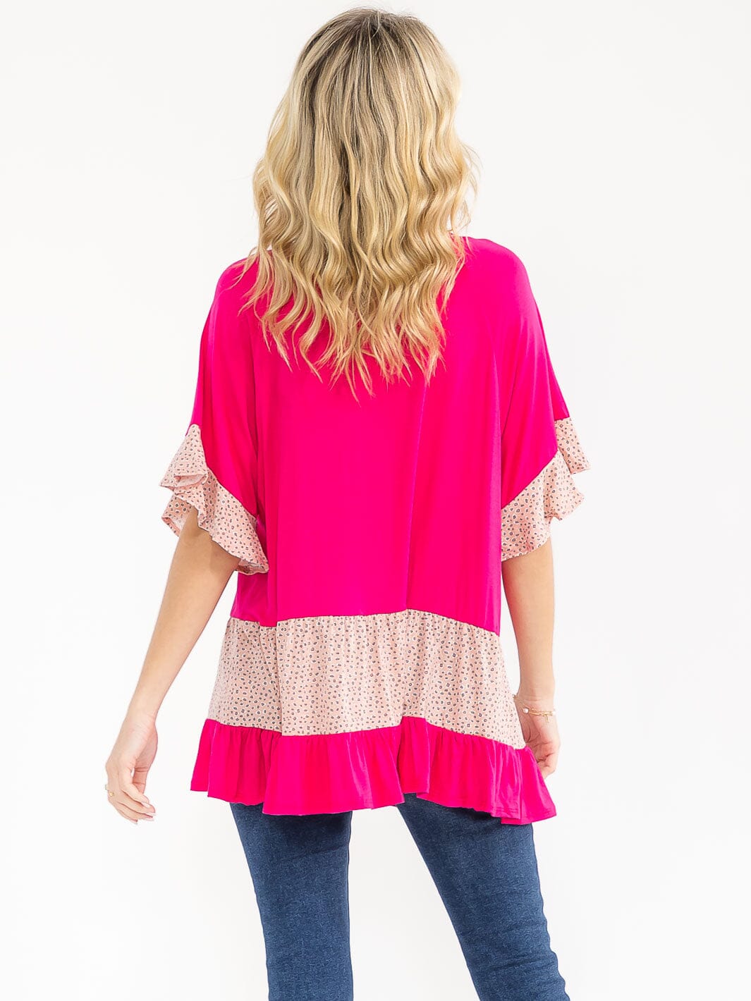 WOMEN'S SHORT SLEEVE CONTRAST ANIMAL PRINT TIERED TUNIC TOP