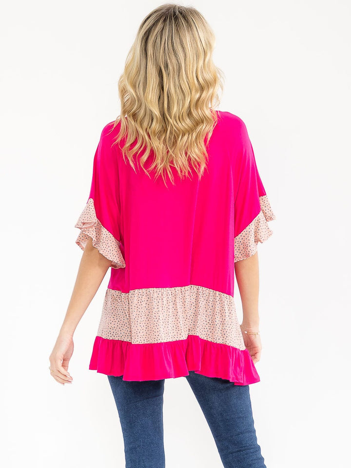 WOMEN'S SHORT SLEEVE CONTRAST ANIMAL PRINT TIERED TUNIC TOP