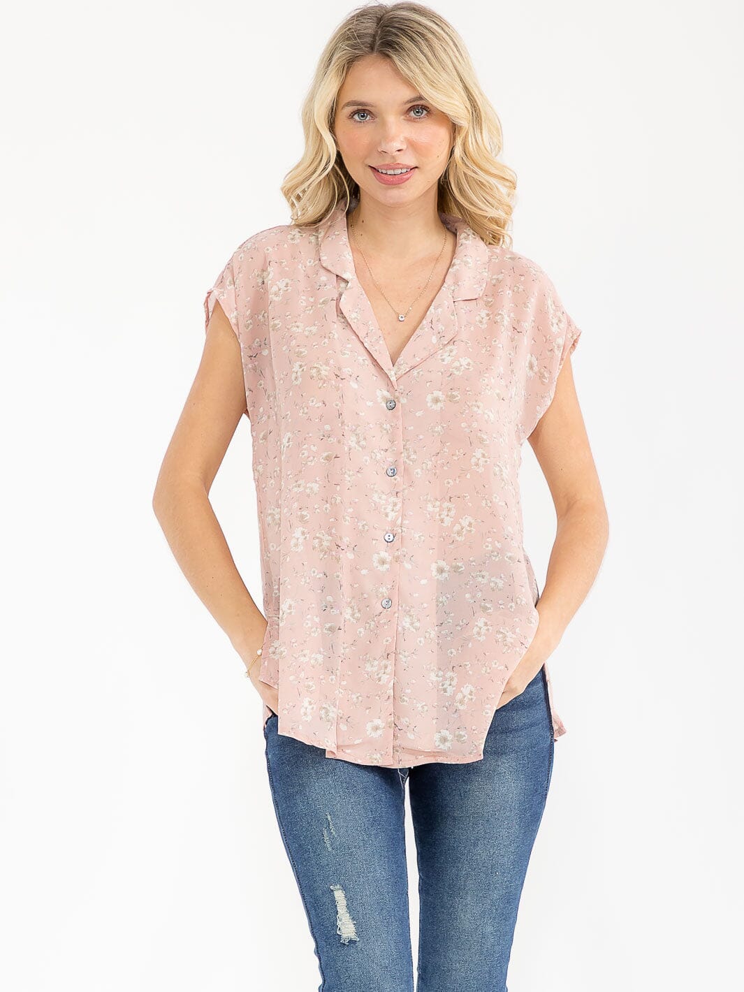 WOMEN'S SHORT SLEEVE BUTTON UP FLORAL PRINT BLOUSE