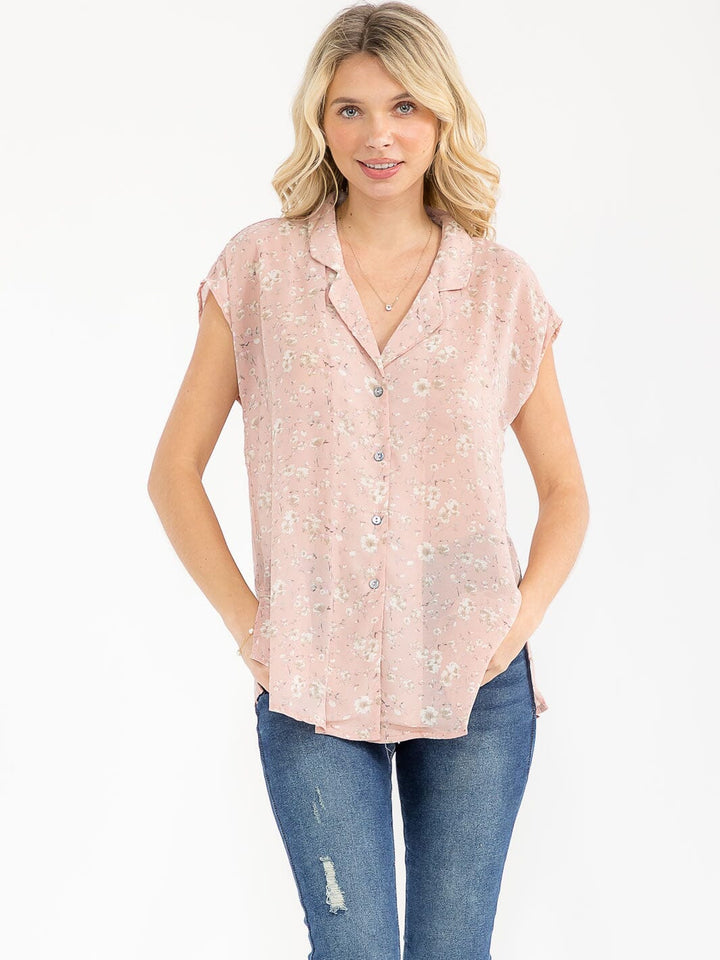 WOMEN'S SHORT SLEEVE BUTTON UP FLORAL PRINT BLOUSE