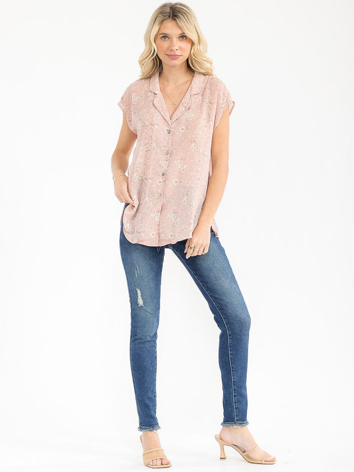 WOMEN'S SHORT SLEEVE BUTTON UP FLORAL PRINT BLOUSE