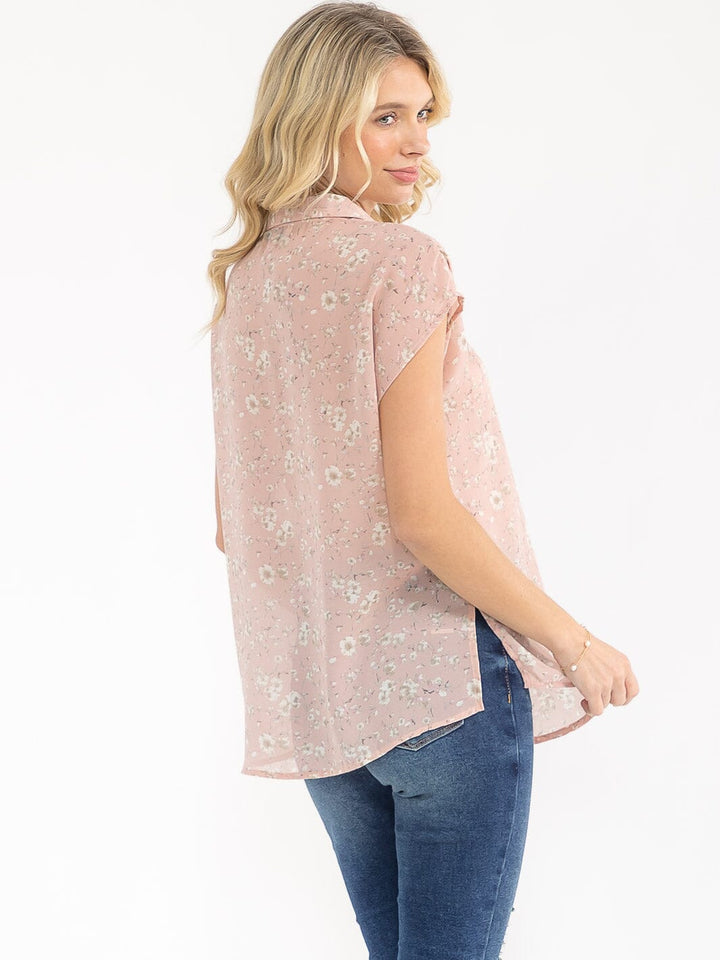 WOMEN'S SHORT SLEEVE BUTTON UP FLORAL PRINT BLOUSE