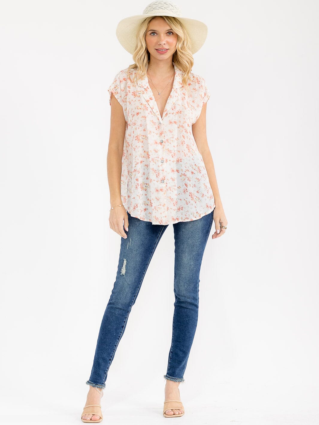 WOMEN'S SHORT SLEEVE BUTTON UP FLORAL PRINT BLOUSE