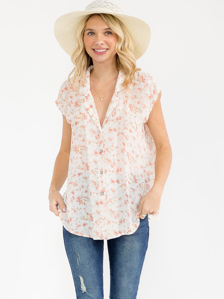 WOMEN'S SHORT SLEEVE BUTTON UP FLORAL PRINT BLOUSE