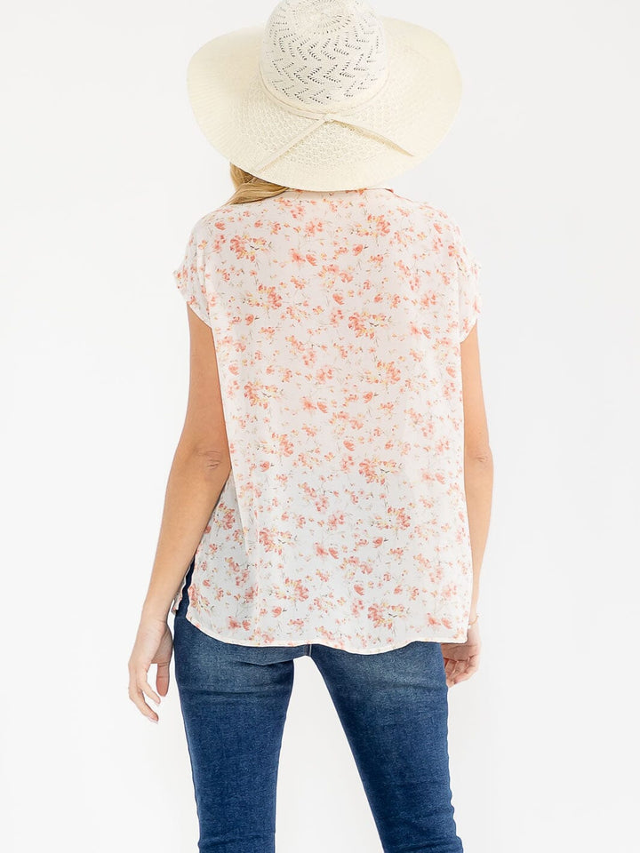 WOMEN'S SHORT SLEEVE BUTTON UP FLORAL PRINT BLOUSE