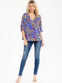 WOMEN'S SHORT SLEEVE V-NECK MULTI PRINT BLOUSE