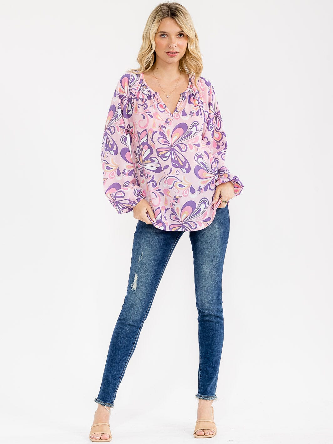 WOMEN'S LONG SLEEVE V-NECK MULTI PRINT BLOUSE