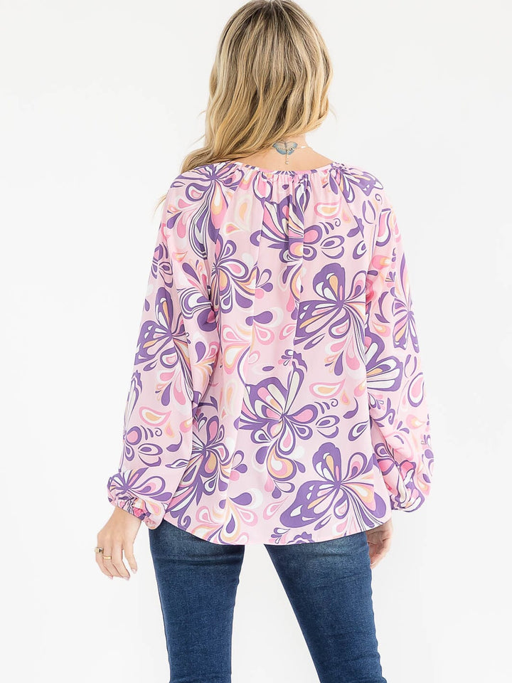 WOMEN'S LONG SLEEVE V-NECK MULTI PRINT BLOUSE