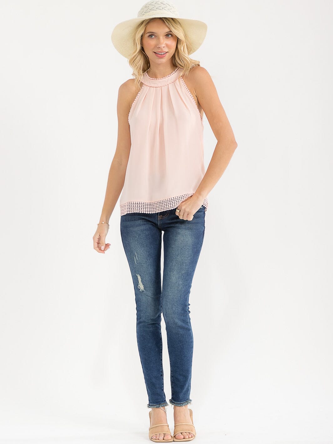 WOMEN'S SLEEVELESS BACK TIE TRIM DETAILED TANK TOP