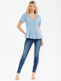 WOMEN'S SHORT SLEEVE V-NECK STRIPES CHAMBRAY PEPLUM BLOUSE