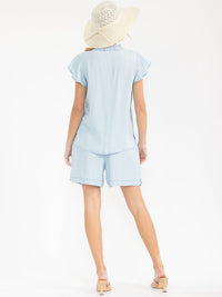 WOMEN'S SHORT SLEEVE BLOUSE & ELASTIC WAIST MINI SHORTS CHAMBRAY 2PC. SET