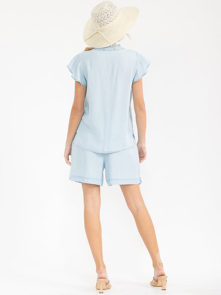 WOMEN'S SHORT SLEEVE BLOUSE & ELASTIC WAIST MINI SHORTS CHAMBRAY 2PC. SET