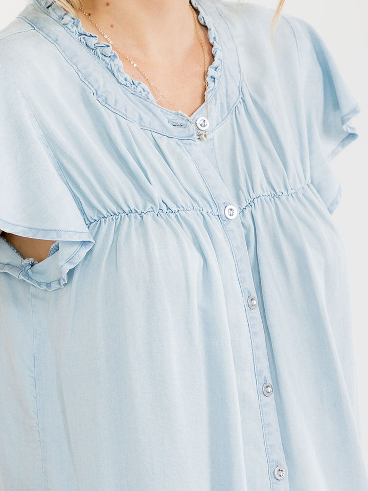 WOMEN'S SHORT SLEEVE BLOUSE & ELASTIC WAIST MINI SHORTS CHAMBRAY 2PC. SET