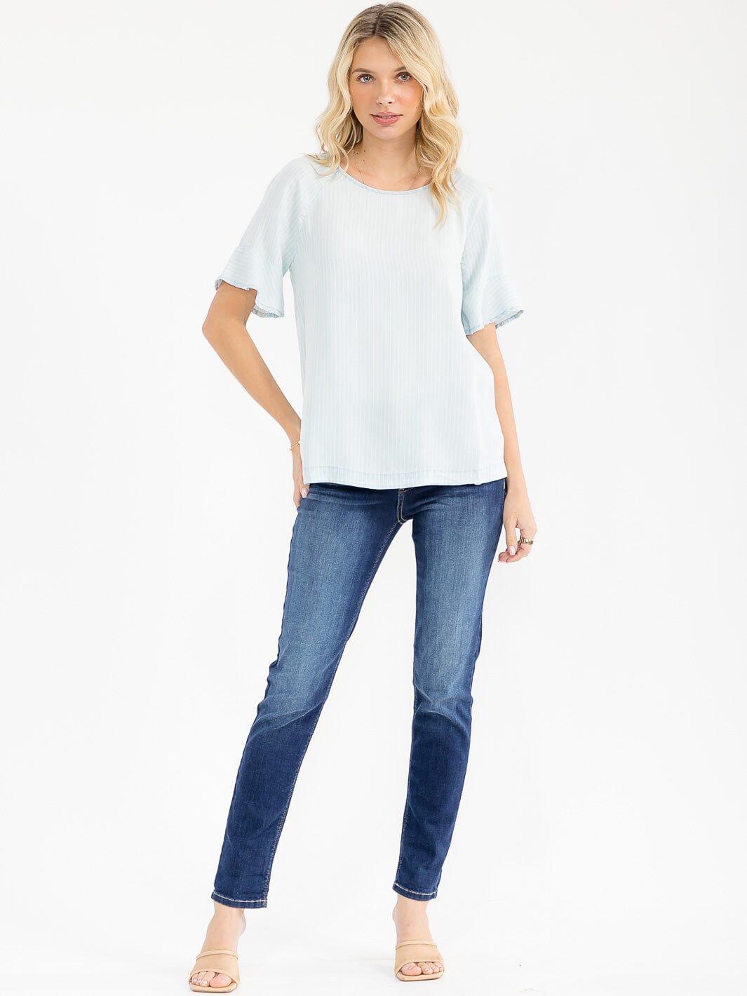 WOMEN'S SHORT RUFFLE SLEEVE STRIPES CHAMBRAY BLOUSE