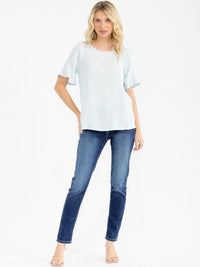 WOMEN'S SHORT RUFFLE SLEEVE STRIPES CHAMBRAY BLOUSE