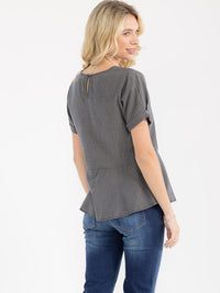 WOMEN'S SHORT SLEEVE V-NECK STRIPES CHAMBRAY PEPLUM BLOUSE