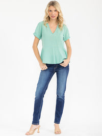 WOMEN'S SHORT SLEEVE V-NECK STRIPES CHAMBRAY PEPLUM BLOUSE