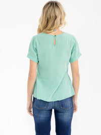 WOMEN'S SHORT SLEEVE V-NECK STRIPES CHAMBRAY PEPLUM BLOUSE