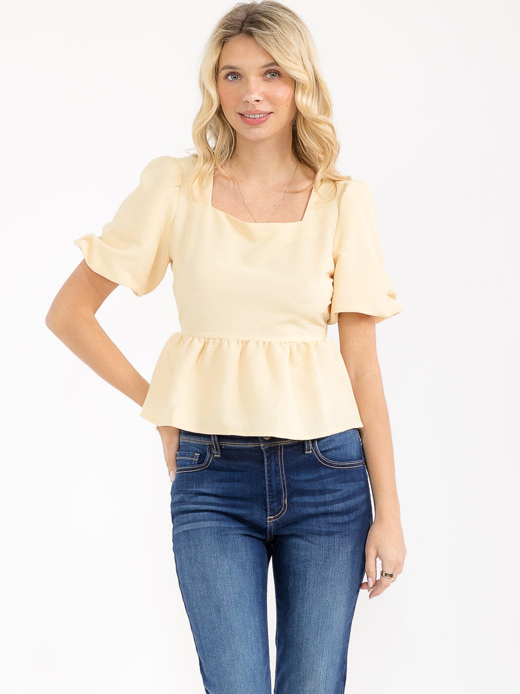 WOMEN'S SHORT PUFF SLEEVE SQUARE NECK SMOCK PEPLUM TOP