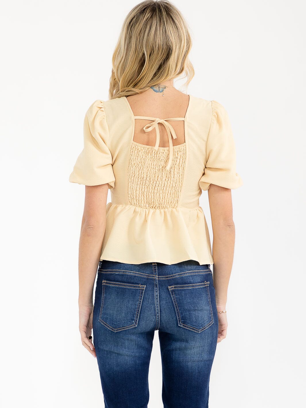 WOMEN'S SHORT PUFF SLEEVE SQUARE NECK SMOCK PEPLUM TOP