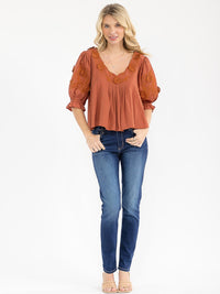 WOMEN'S SHORT SLEEVE V-NECK EMBROIDERY FLORAL TUNIC BLOUSE