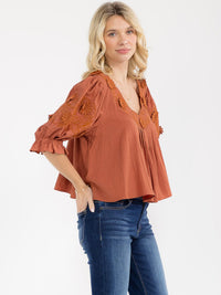 WOMEN'S SHORT SLEEVE V-NECK EMBROIDERY FLORAL TUNIC BLOUSE
