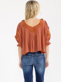 WOMEN'S SHORT SLEEVE V-NECK EMBROIDERY FLORAL TUNIC BLOUSE