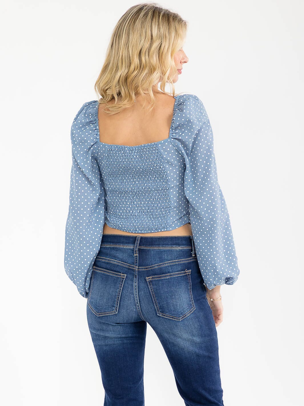 WOMEN'S LONG SLEEVE FRONT RUCHED POLKA DOT SMOCK CROP TOP