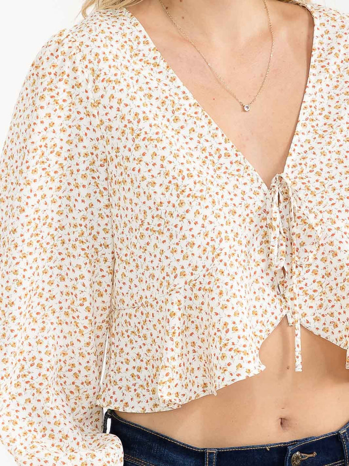 WOMEN'S LONG SLEEVE FRONT TIE FLORAL RUFFLE CROP TOP