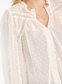 WOMEN'S LONG SLEEVE V-NECK BUTTON UP SWISS DETAILED BLOUSE