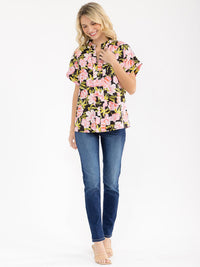 WOMEN'S SHORT SLEEVE V-NECK FLORAL PRINT BLOUSE