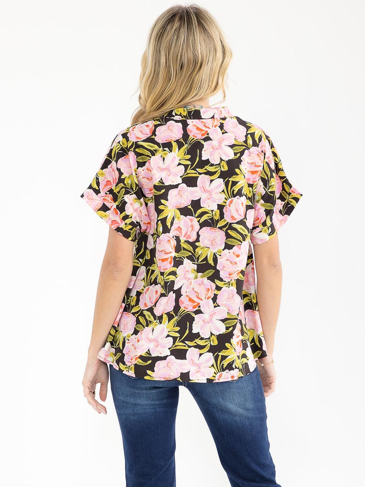 WOMEN'S SHORT SLEEVE V-NECK FLORAL PRINT BLOUSE