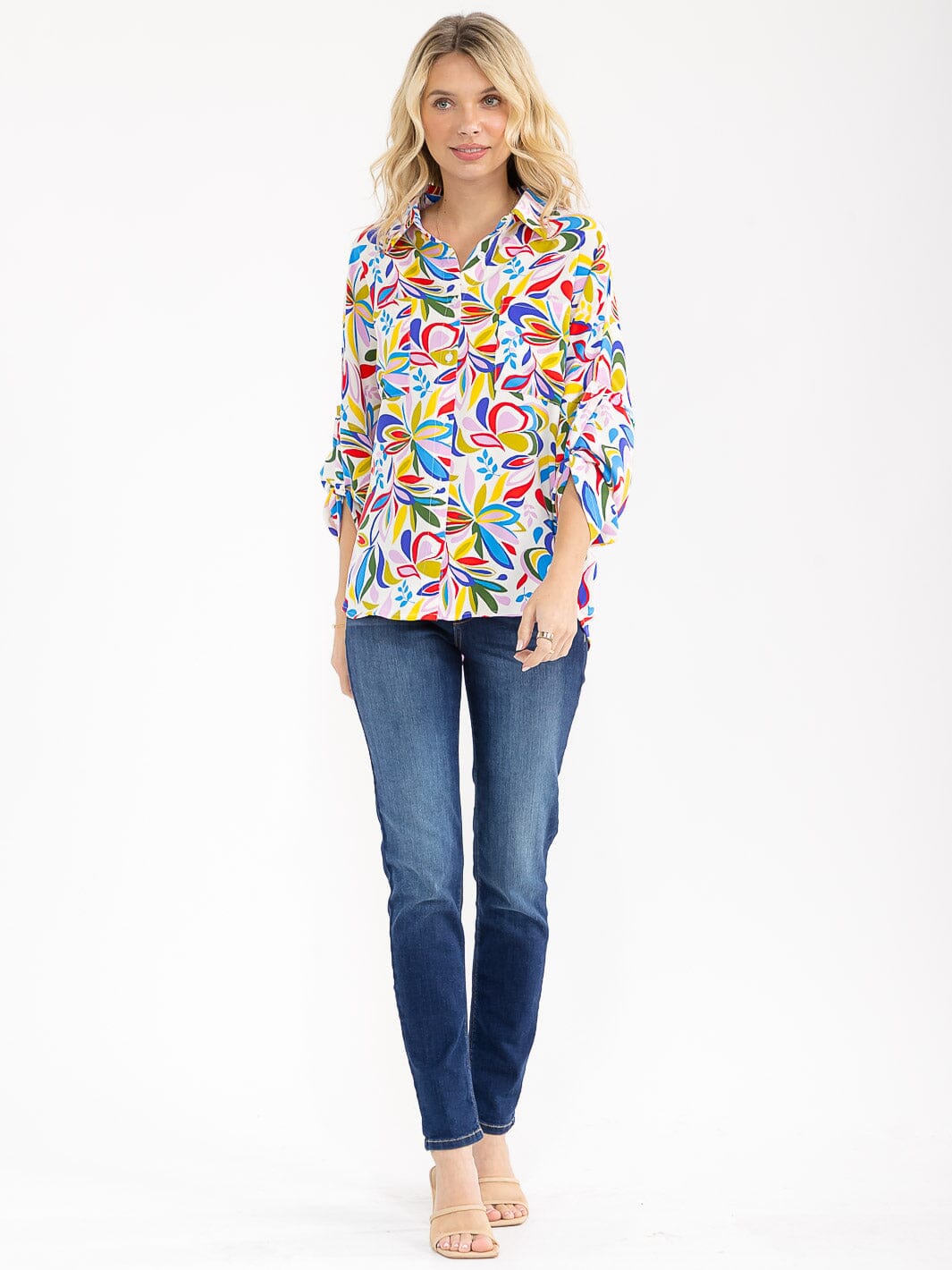 WOMEN'S LONG SLEEVE BUTTON UP FRONT POCKETS MULTI PRINT BLOUSE