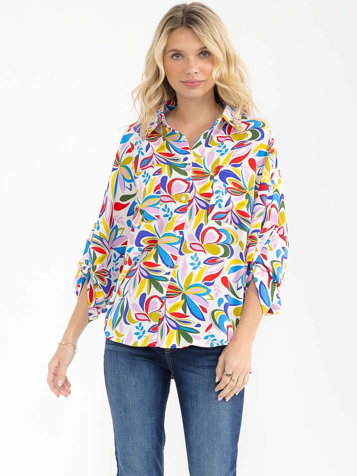 WOMEN'S LONG SLEEVE BUTTON UP FRONT POCKETS MULTI PRINT BLOUSE