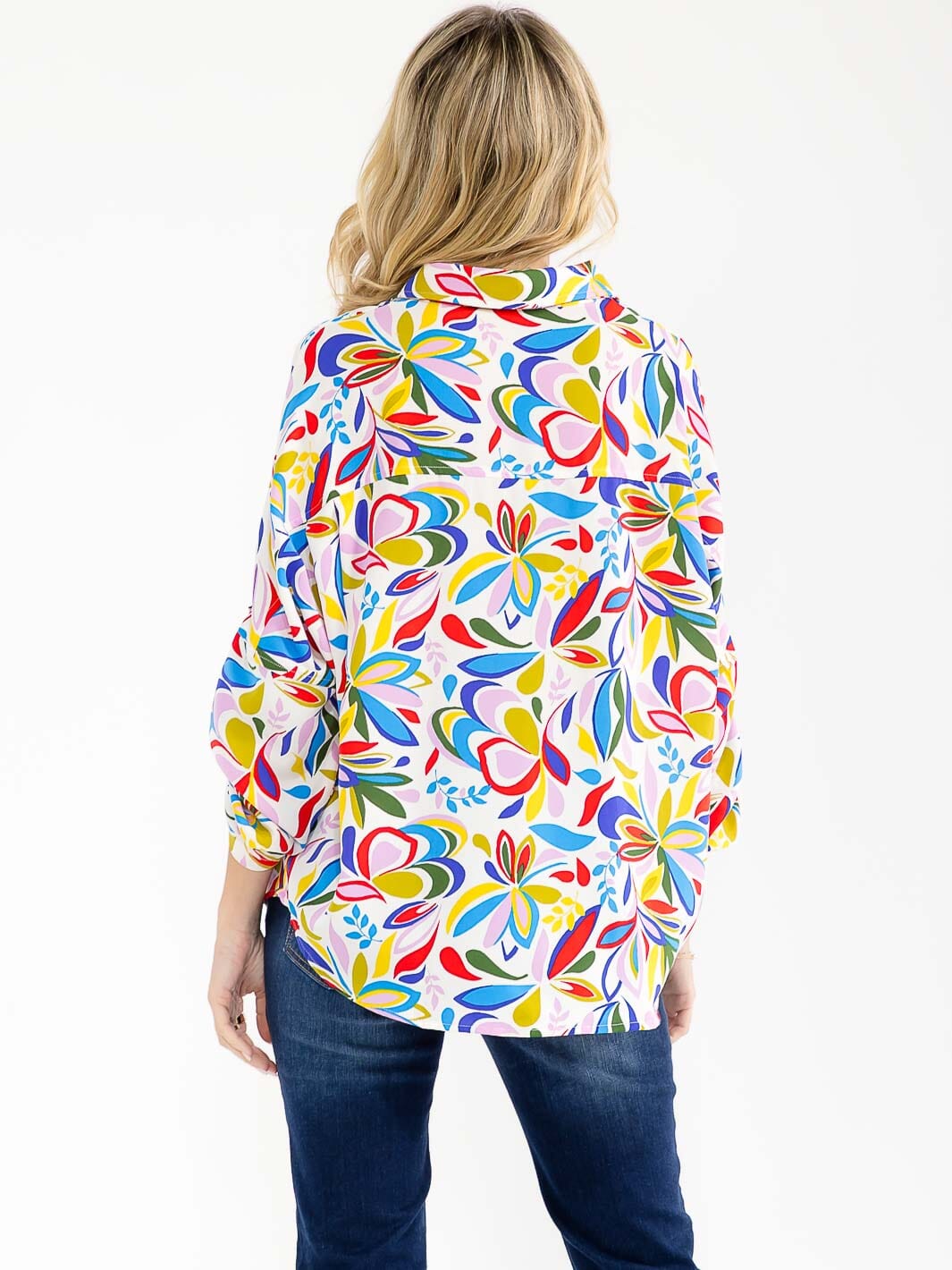 WOMEN'S LONG SLEEVE BUTTON UP FRONT POCKETS MULTI PRINT BLOUSE