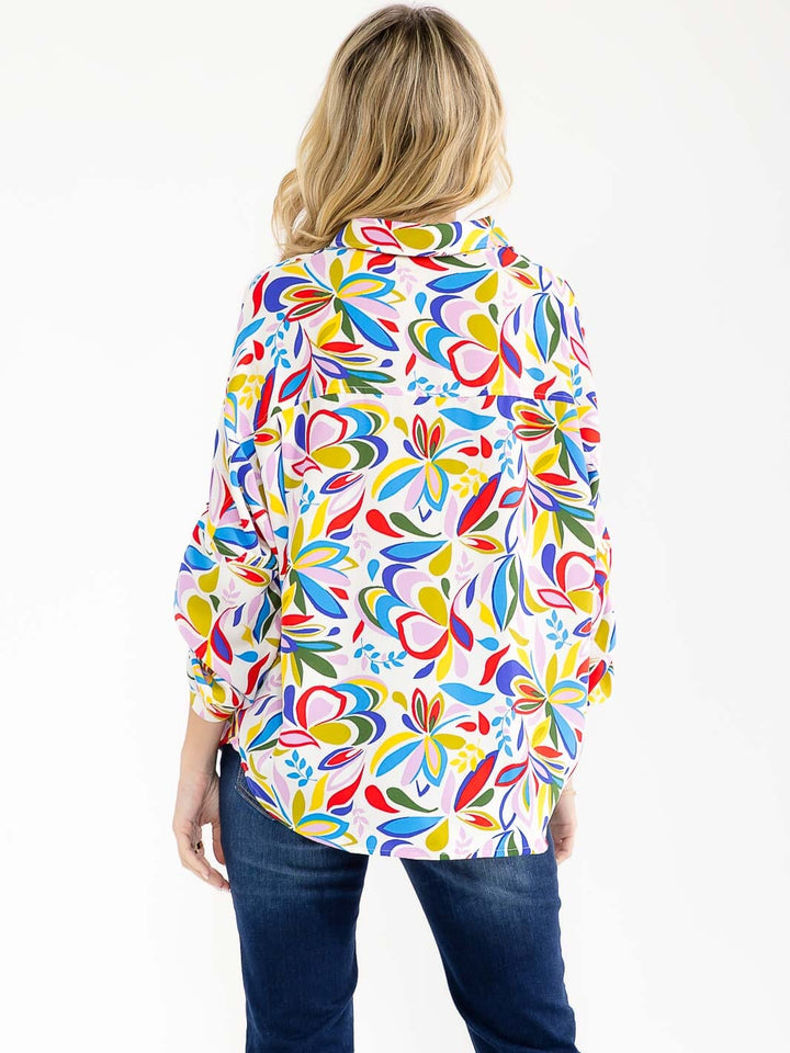 WOMEN'S LONG SLEEVE BUTTON UP FRONT POCKETS MULTI PRINT BLOUSE