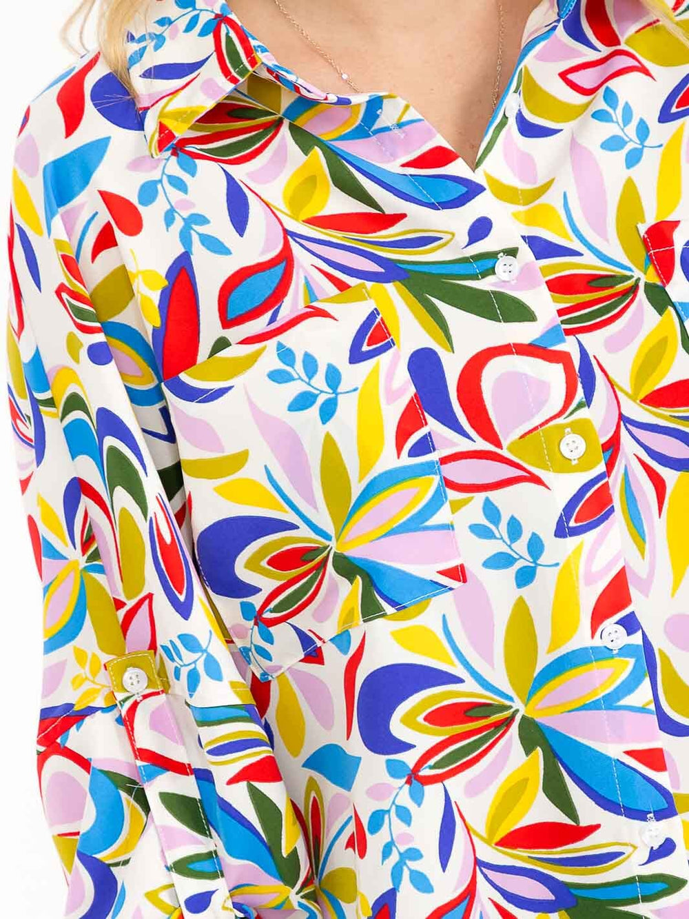 WOMEN'S LONG SLEEVE BUTTON UP FRONT POCKETS MULTI PRINT BLOUSE