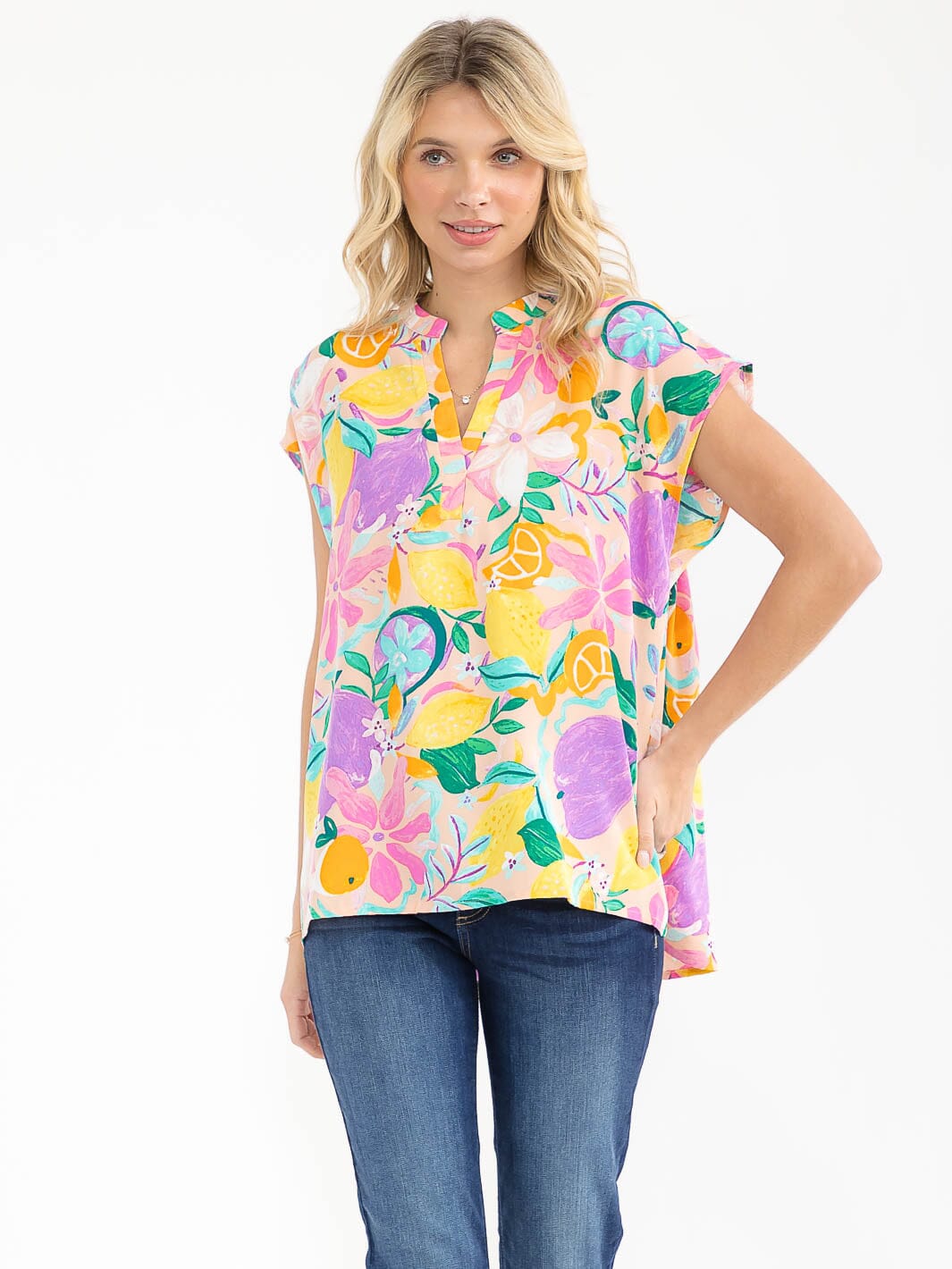 WOMEN'S SHORT SLEEVE V-NECK FRUIT PRINT BLOUSE
