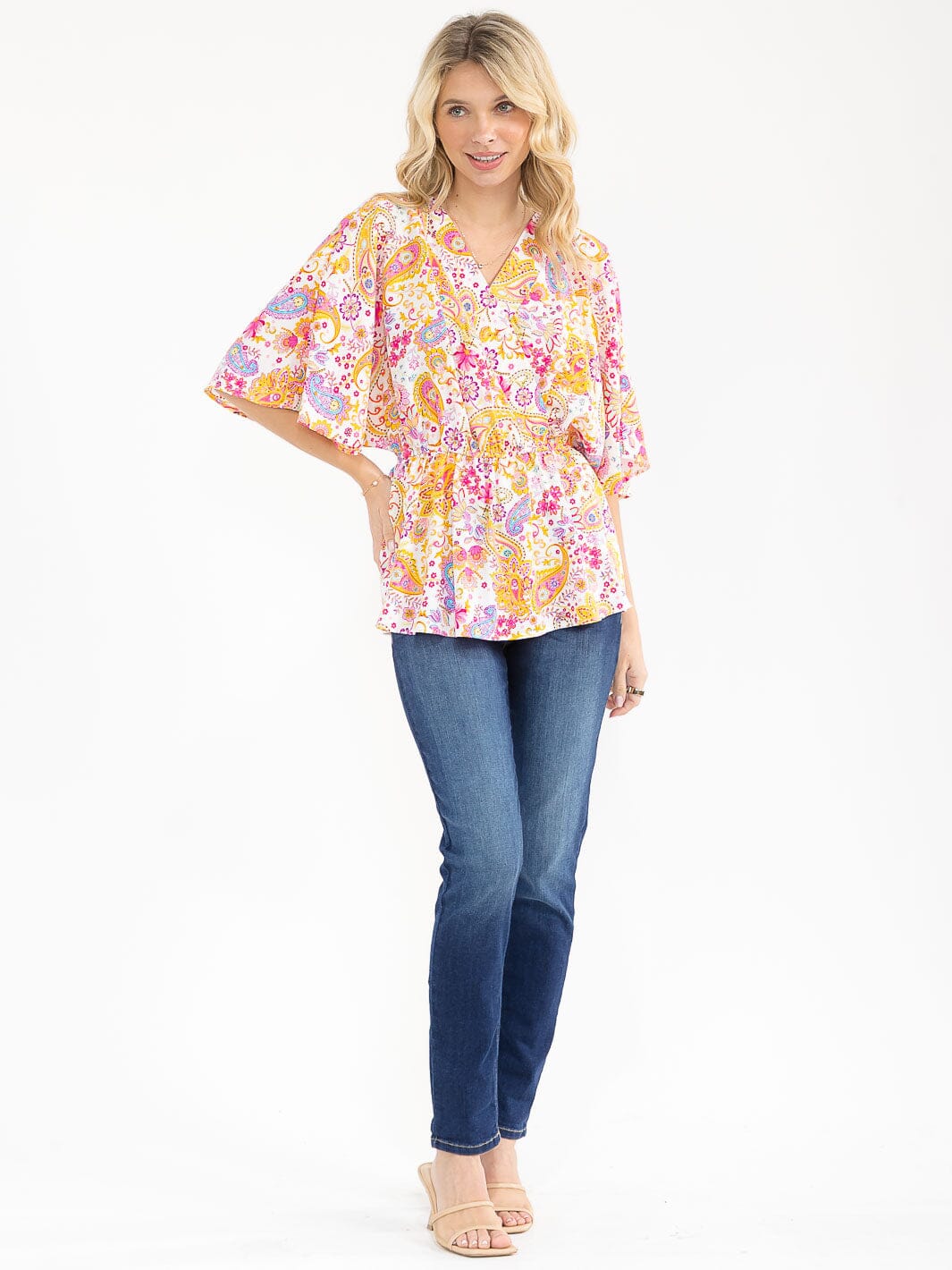 WOMEN'S SHORT SLEEVE SURPLICE ELASTIC WAIST MULTI PRINT BLOUSE