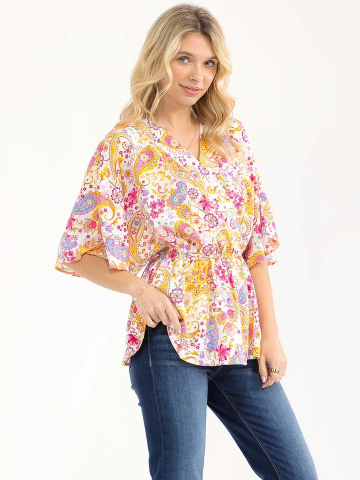 WOMEN'S SHORT SLEEVE SURPLICE ELASTIC WAIST MULTI PRINT BLOUSE