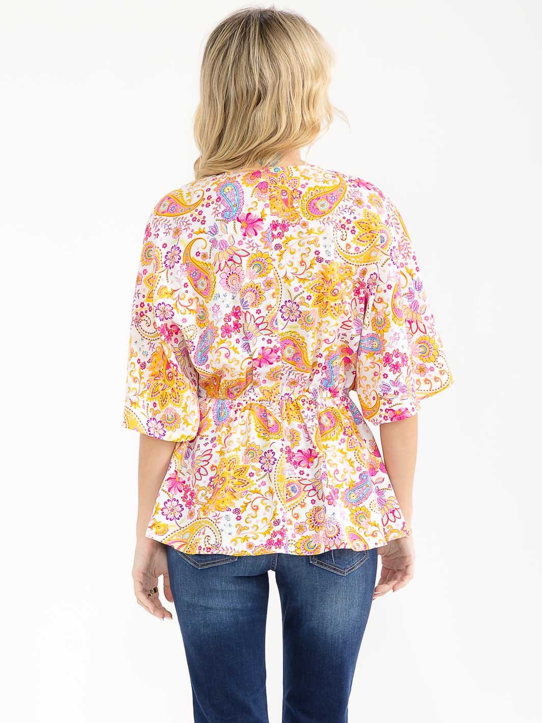 WOMEN'S SHORT SLEEVE SURPLICE ELASTIC WAIST MULTI PRINT BLOUSE