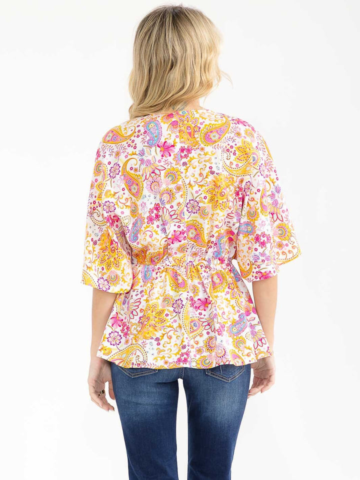 WOMEN'S SHORT SLEEVE SURPLICE ELASTIC WAIST MULTI PRINT BLOUSE