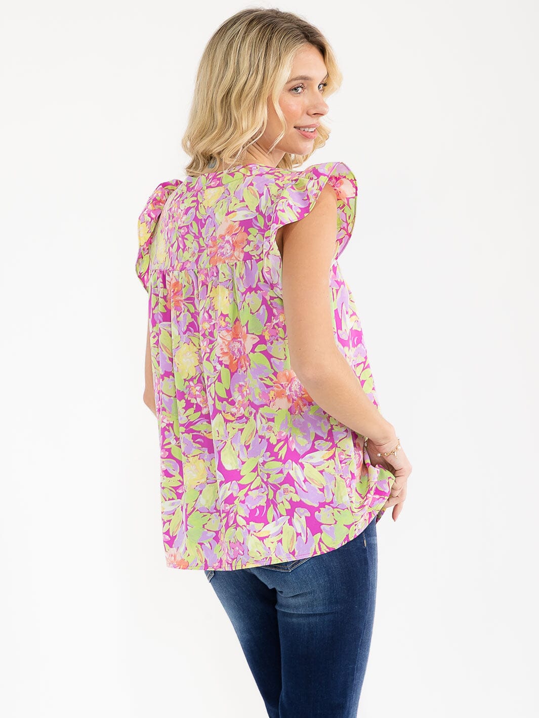 WOMEN'S RUFFLE SLEEVE V-NECK FLORAL PRINT BLOUSE