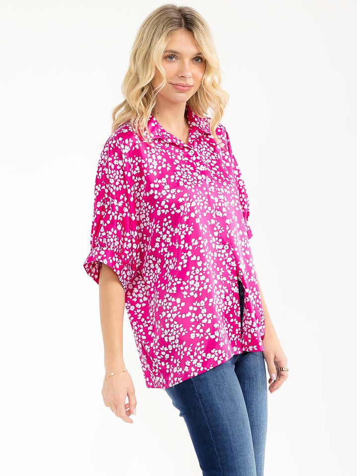 WOMEN'S SHORT SLEEVE BUTTON UP FLORAL PRINT BLOUSE