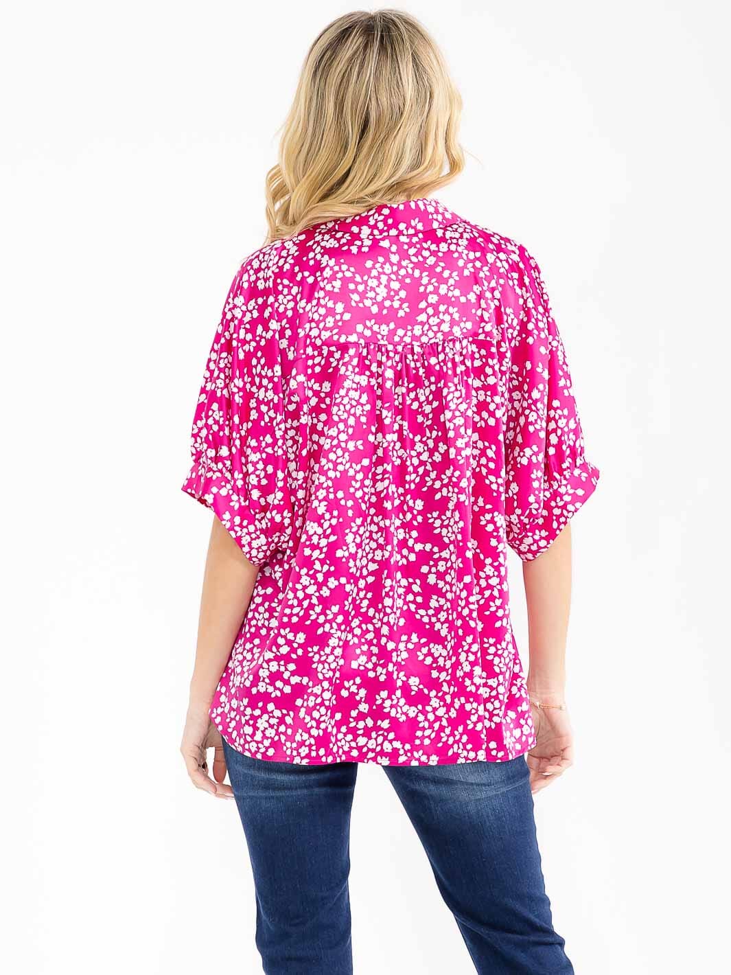 WOMEN'S SHORT SLEEVE BUTTON UP FLORAL PRINT BLOUSE