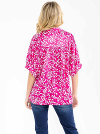WOMEN'S SHORT SLEEVE BUTTON UP FLORAL PRINT BLOUSE