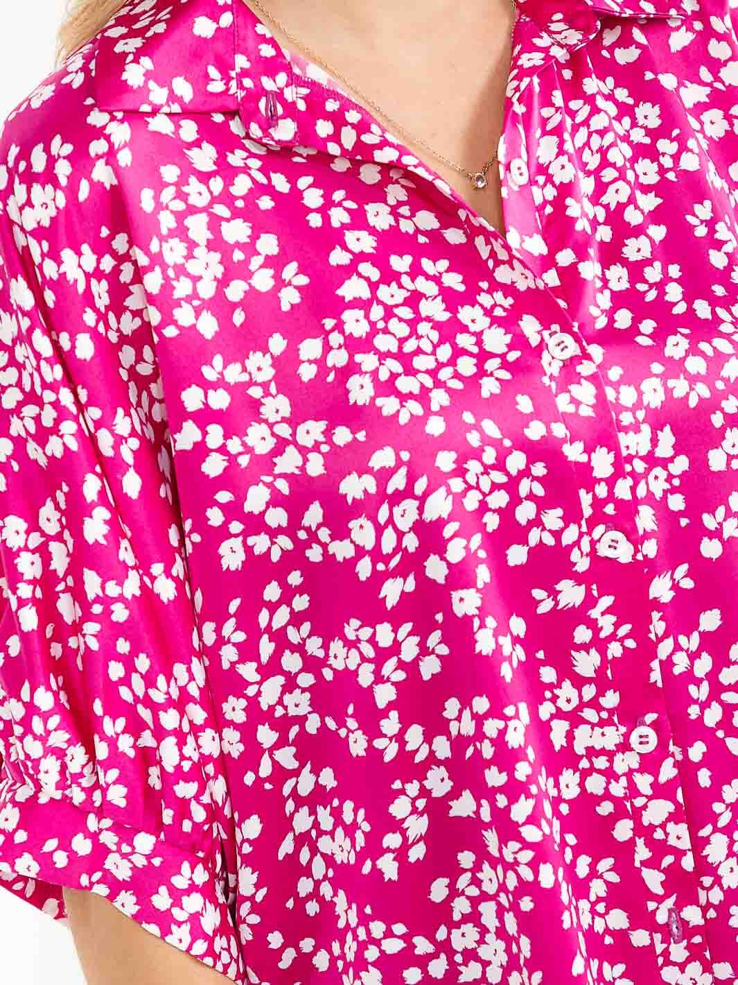 WOMEN'S SHORT SLEEVE BUTTON UP FLORAL PRINT BLOUSE