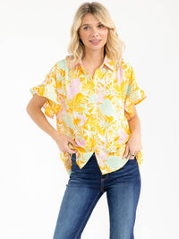 WOMEN'S SHORT SLEEVE BUTTON UP FLORAL PRINT BLOUSE