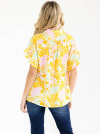 WOMEN'S SHORT SLEEVE BUTTON UP FLORAL PRINT BLOUSE
